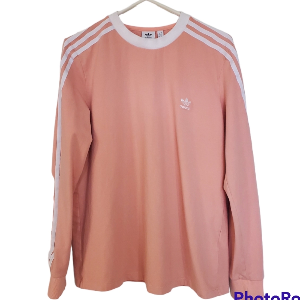 ADIDAS Dust Pink Long Sleeve Ringer Three Stipe Tee Shirt Pullover Trefoil Large